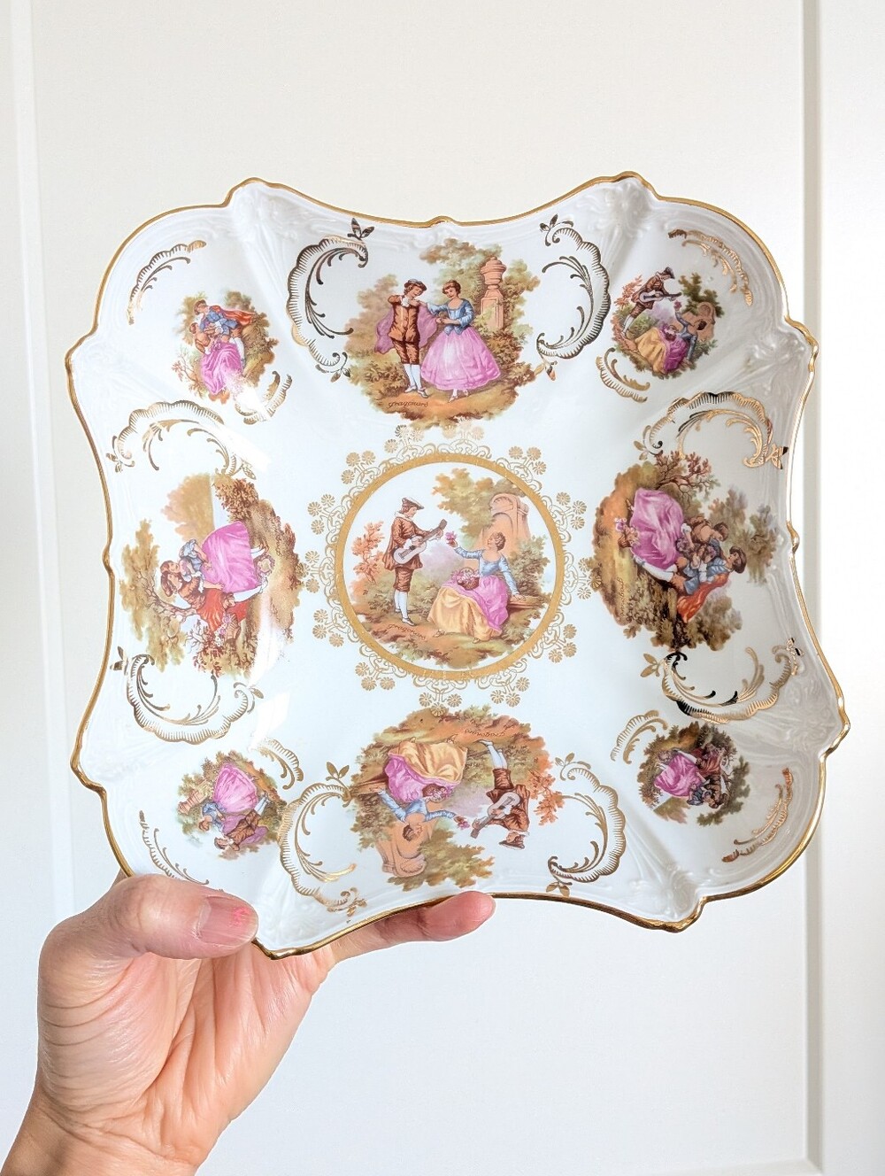 Vintage Gloria Bavaria Bayreuth Fragonard Courting Couple Gold Porcelain Square